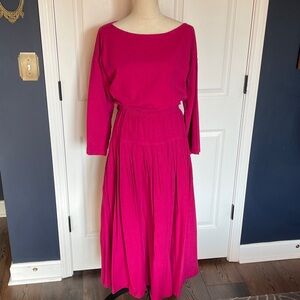 HARI 100% Cotton Lagenlook Fuchsia Long Sleeve Boatneck Top & Matching Skirt